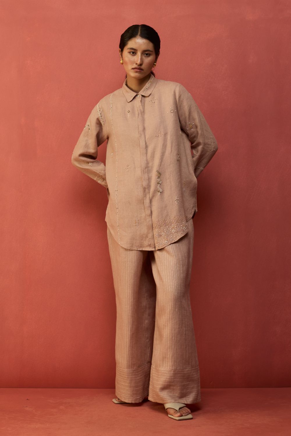 Kiera Cuban Collar Stripe Linen Shirt - Dusty Rose