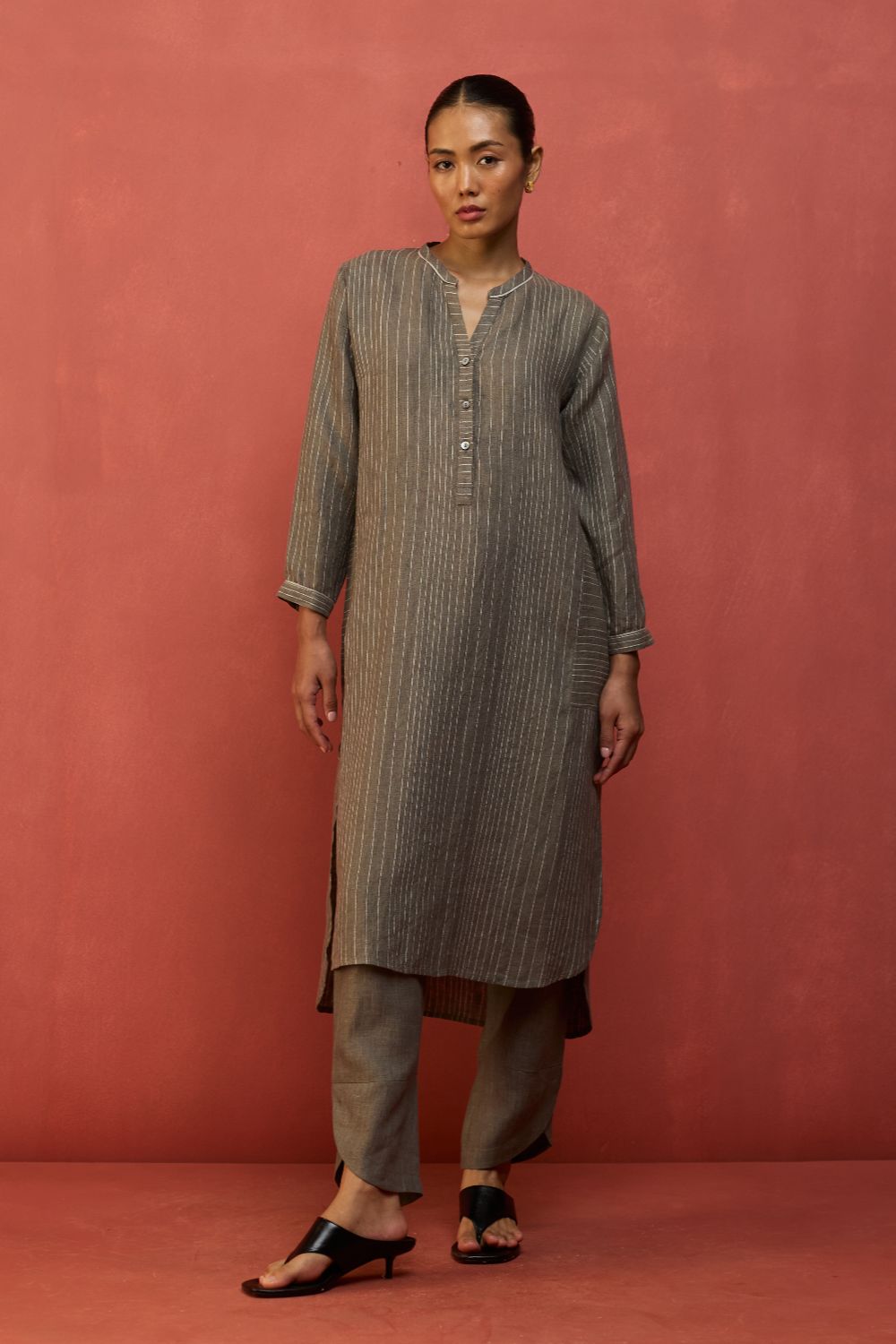 Bunka Stripe Linen Kurta - Grey