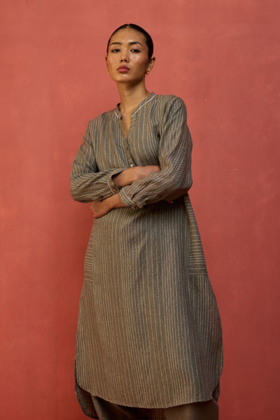 Bunka Stripe Linen Kurta - Grey