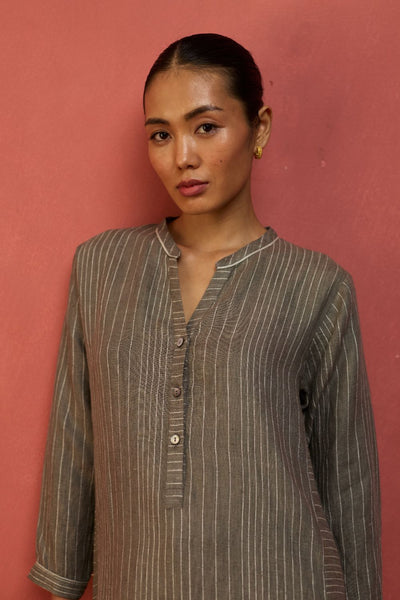 Bunka Stripe Linen Kurta - Grey