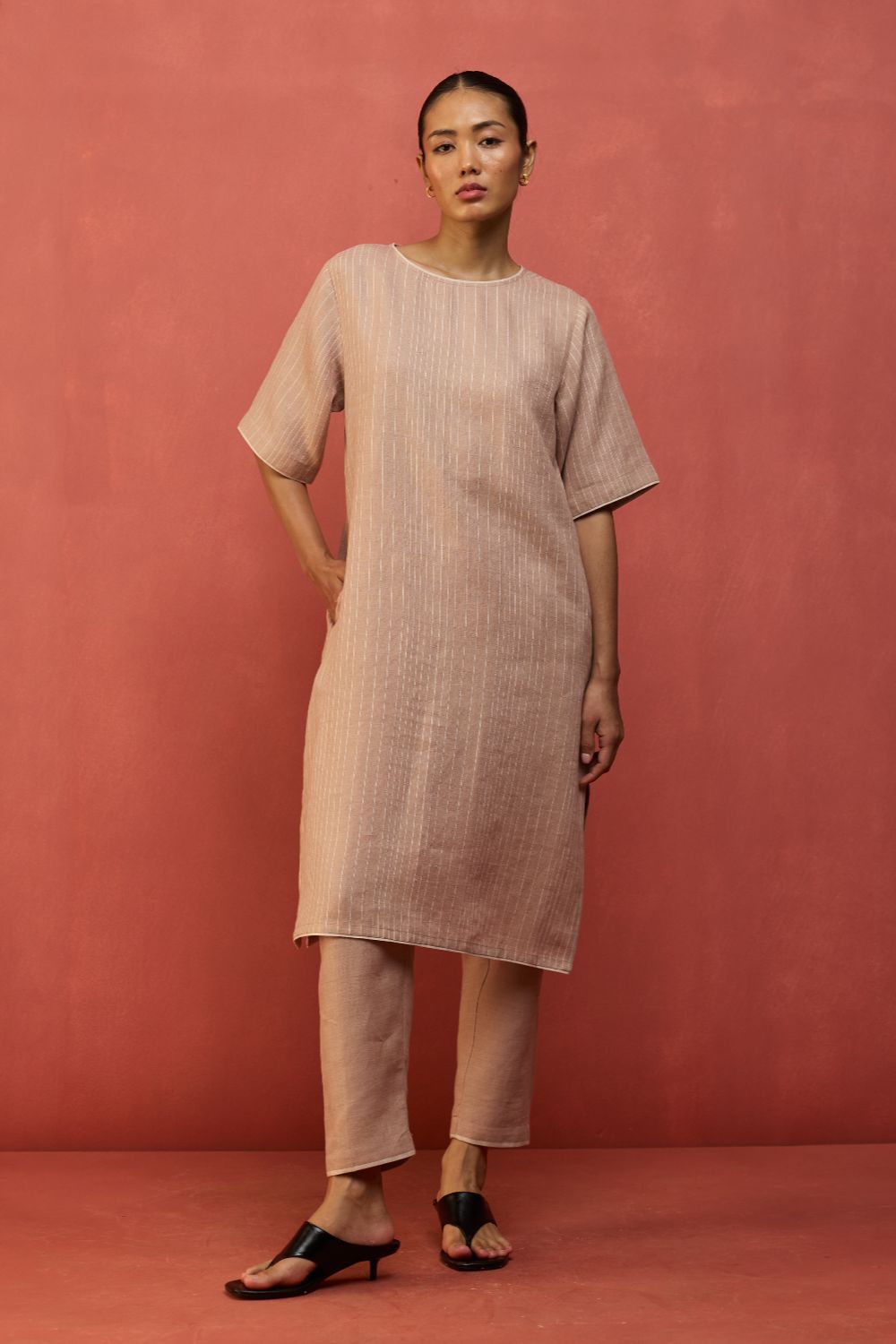 Semma Stripe Linen Kurta - Dusty Rose