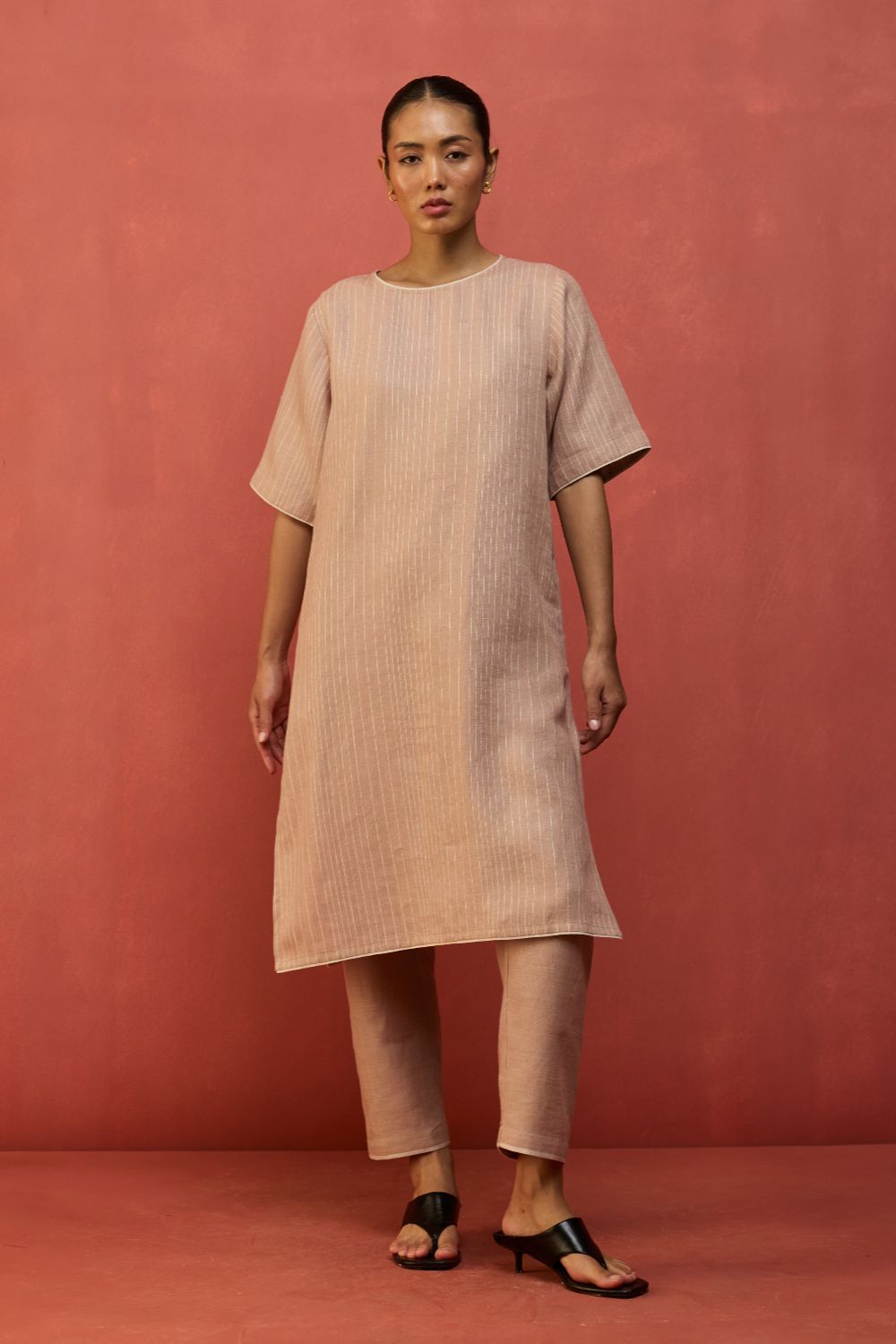 Semma Stripe Linen Kurta - Dusty Rose