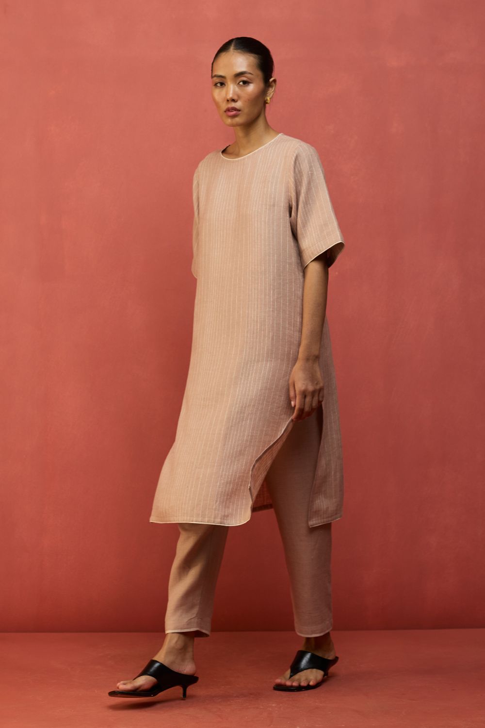 Semma Stripe Linen Kurta - Dusty Rose