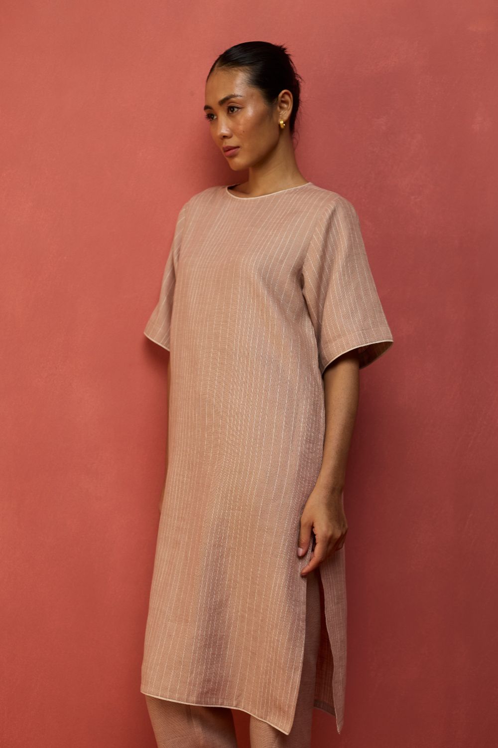 Semma Stripe Linen Kurta - Dusty Rose