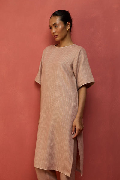 Semma Stripe Linen Kurta - Dusty Rose