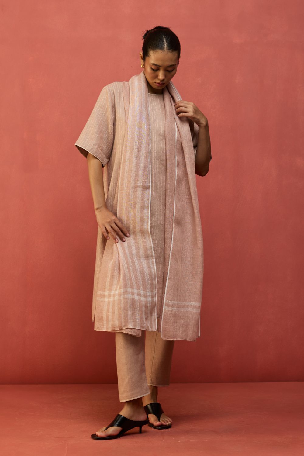 Semma Stripe Linen Kurta - Dusty Rose