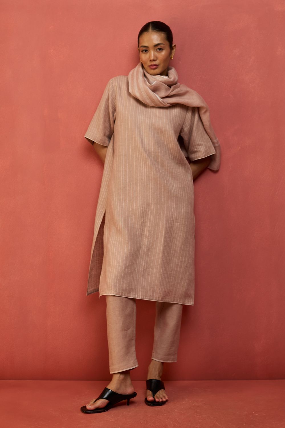 Semma Stripe Linen Kurta - Dusty Rose