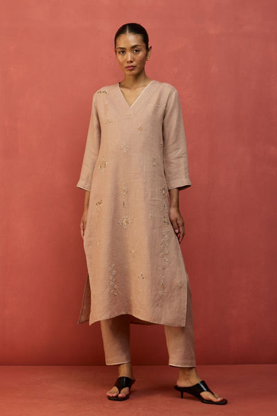 Rena Hand-Embroidered Linen Kurta - Dusty Rose