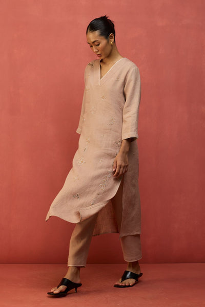 Rena Hand-Embroidered Linen Kurta - Dusty Rose