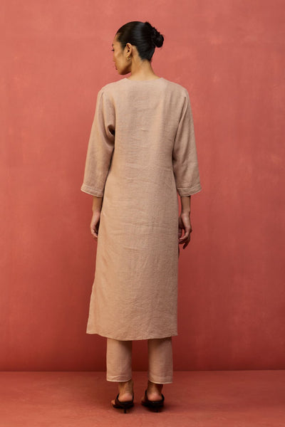 Rena Hand-Embroidered Linen Kurta - Dusty Rose