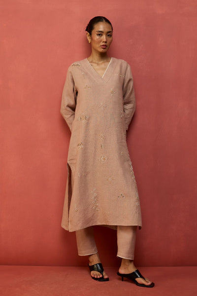 Rena Hand-Embroidered Linen Kurta - Dusty Rose