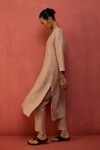 Rena Hand-Embroidered Linen Kurta - Dusty Rose