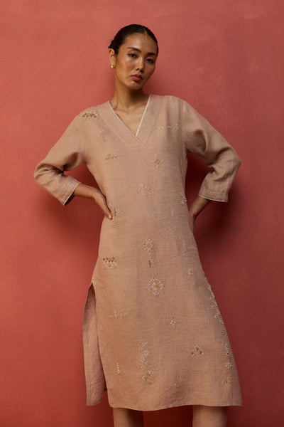 Rena Hand-Embroidered Linen Kurta - Dusty Rose