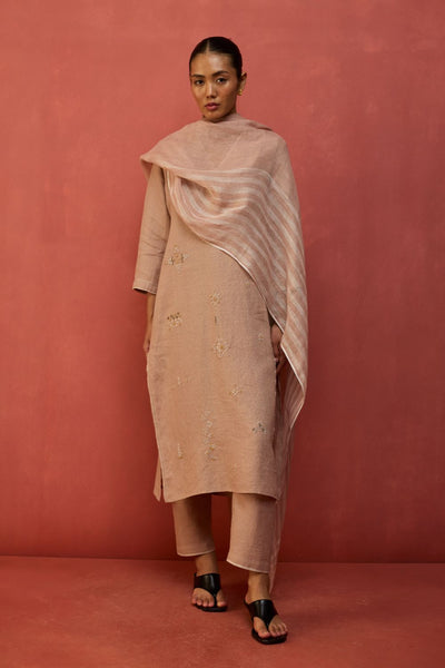 Rena Hand-Embroidered Linen Kurta - Dusty Rose
