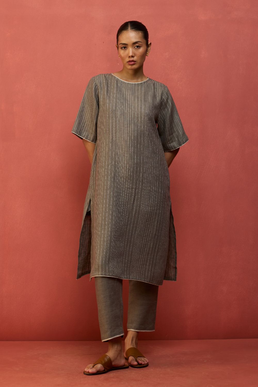 Semma Stripe Linen Kurta - Grey