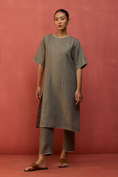 Semma Stripe Linen Kurta - Grey