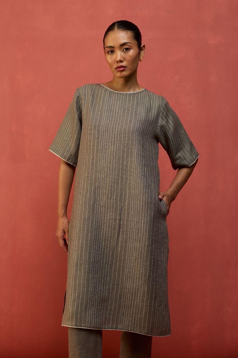 Semma Stripe Linen Kurta - Grey