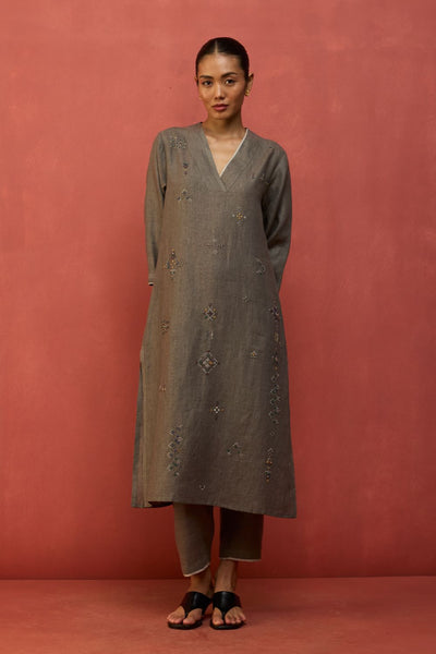Rena Hand-Embroidered Linen Kurta - Grey