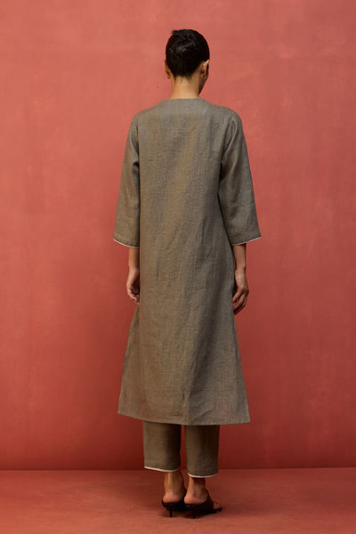 Rena Hand-Embroidered Linen Kurta - Grey