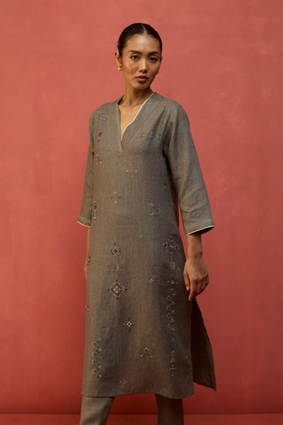 Rena Hand-Embroidered Linen Kurta - Grey