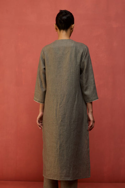 Rena Hand-Embroidered Linen Kurta Set - Grey