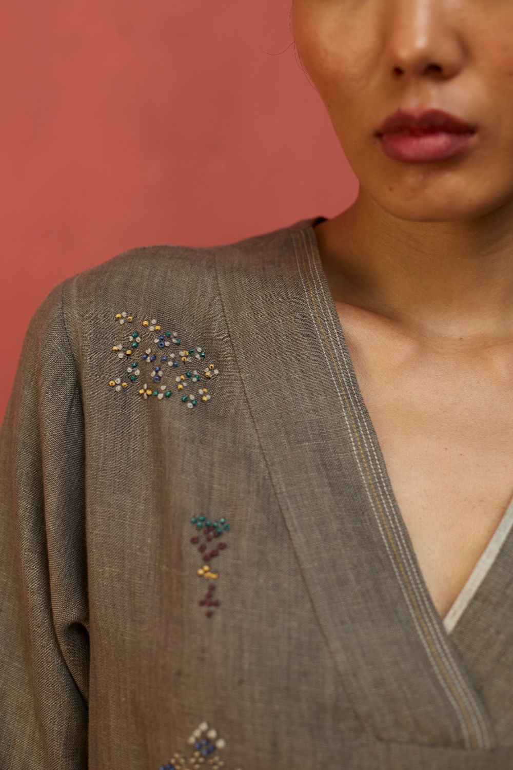 Rena Hand-Embroidered Linen Kurta - Grey