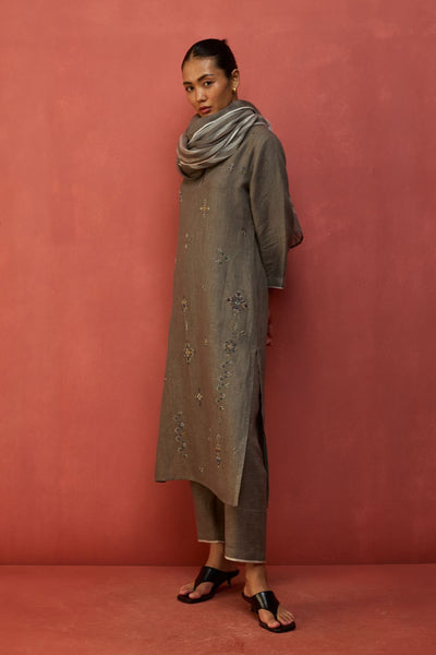 Rena Hand-Embroidered Linen Kurta - Grey