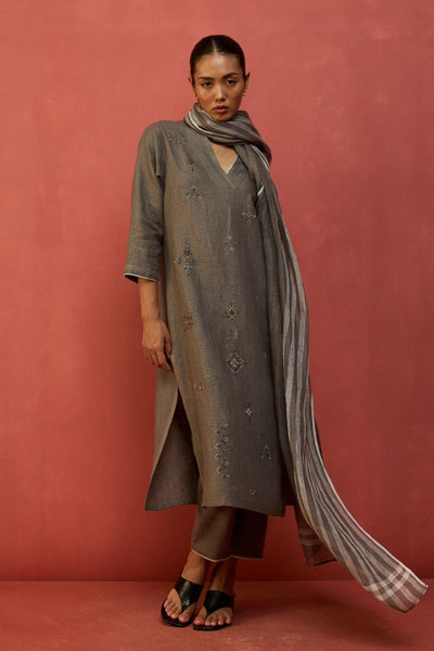 Rena Hand-Embroidered Linen Kurta - Grey