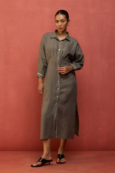 Masaru Buttoned Linen Dress - Grey
