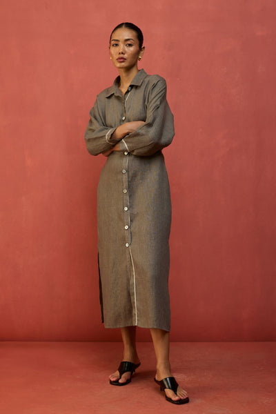 Masaru Buttoned Linen Dress - Grey