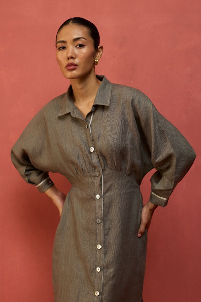 Masaru Buttoned Linen Dress - Grey