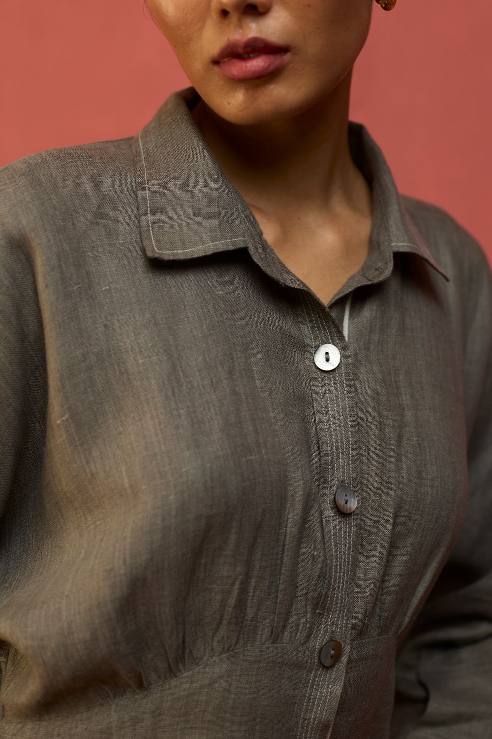Masaru Buttoned Linen Dress - Grey