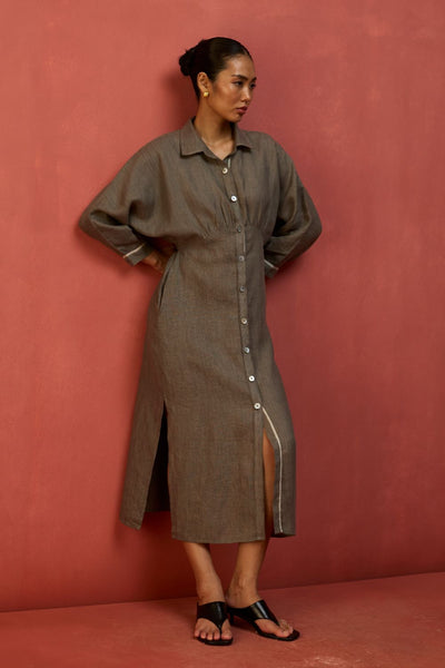 Masaru Buttoned Linen Dress - Grey