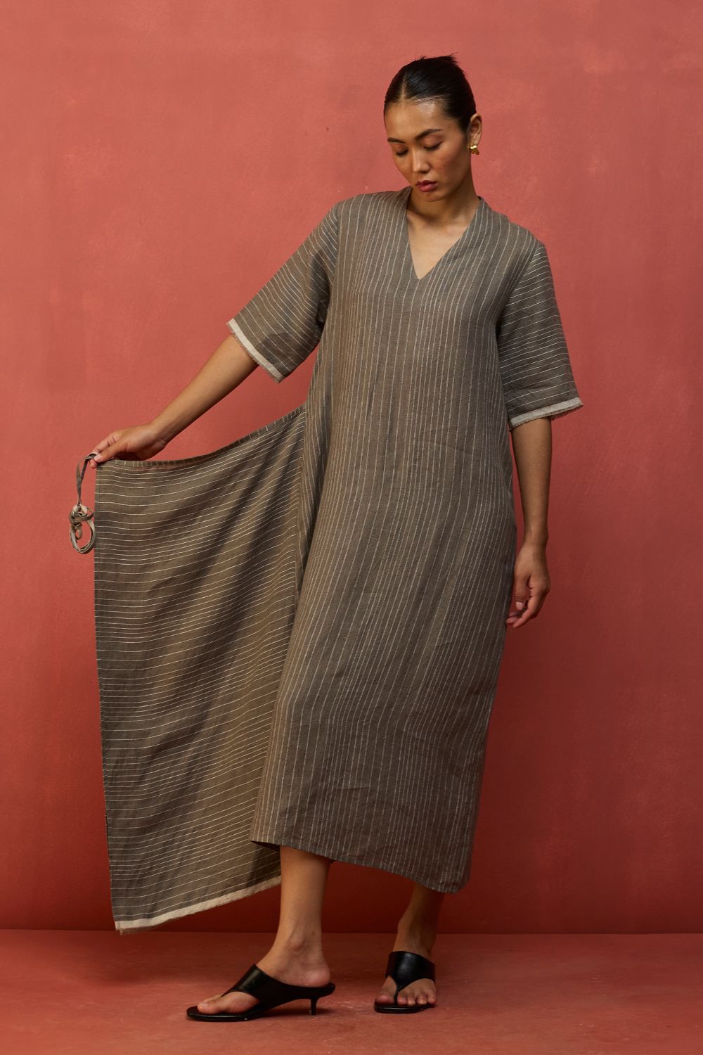 Karo Stripe Linen Wrap Dress - Grey