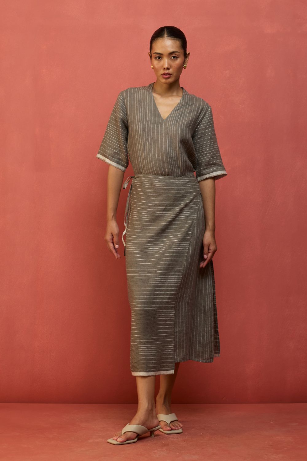 Karo Stripe Linen Wrap Dress - Grey