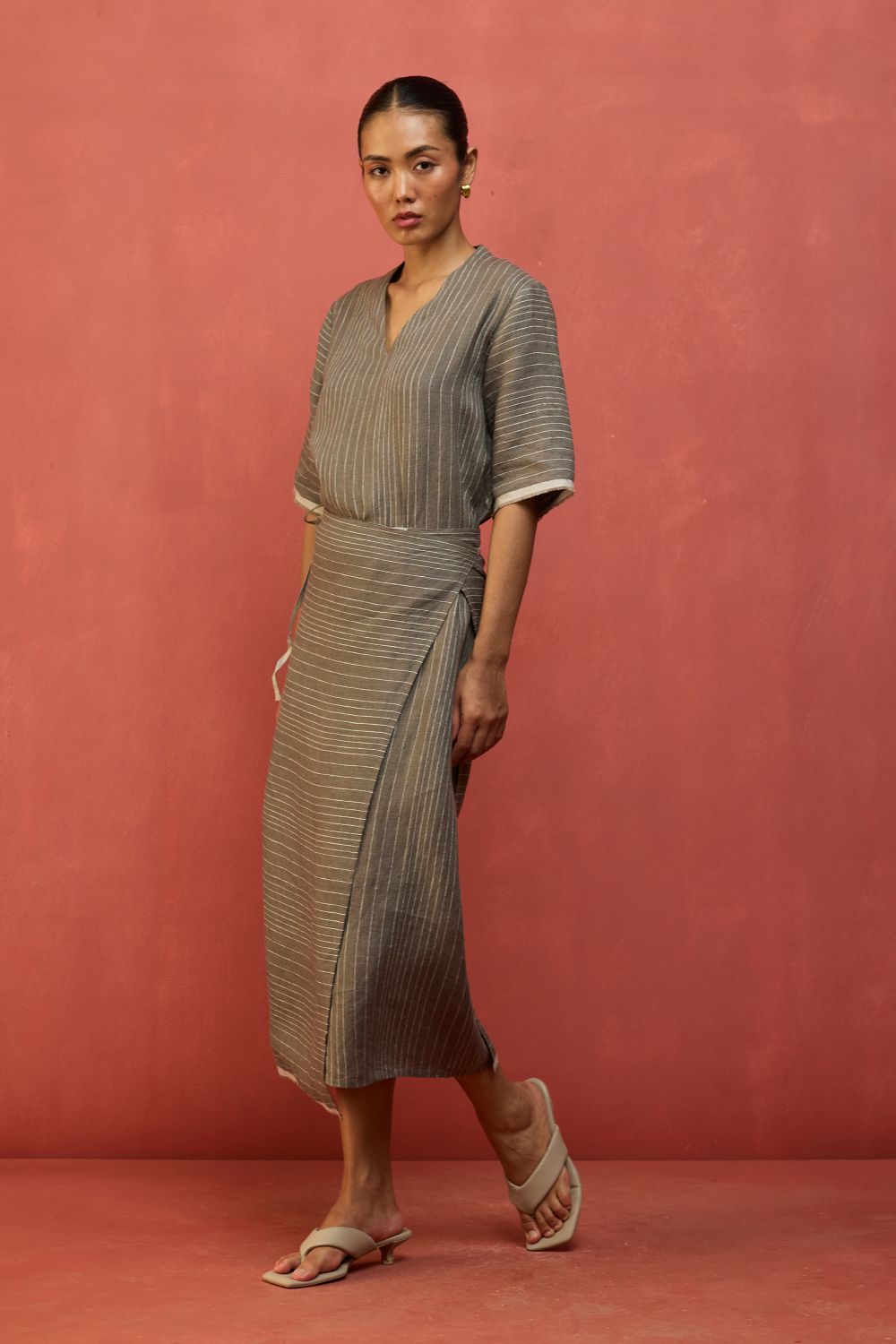 Karo Stripe Linen Wrap Dress - Grey