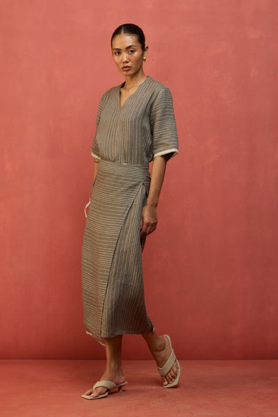 Karo Stripe Linen Wrap Dress - Grey