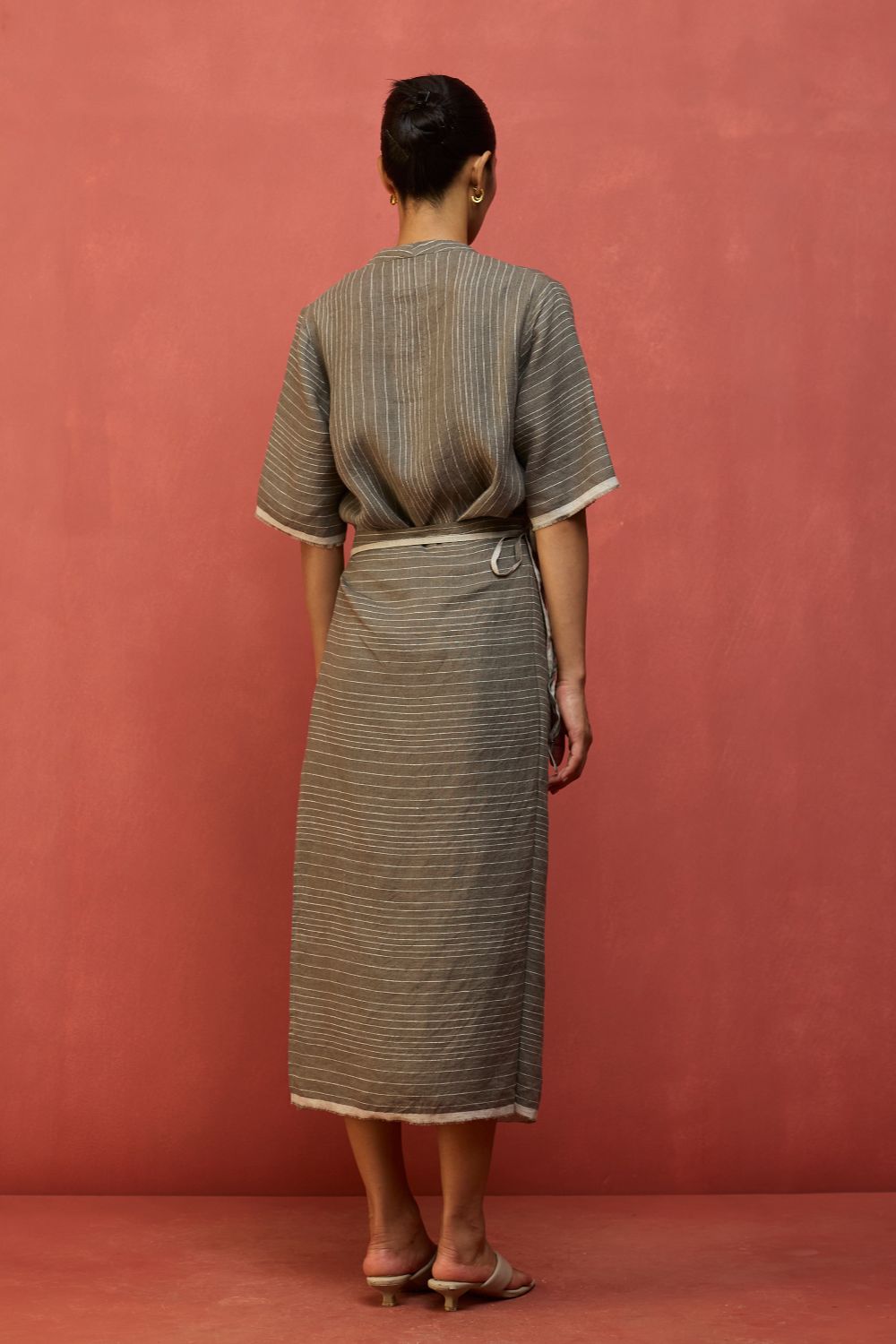 Karo Stripe Linen Wrap Dress - Grey