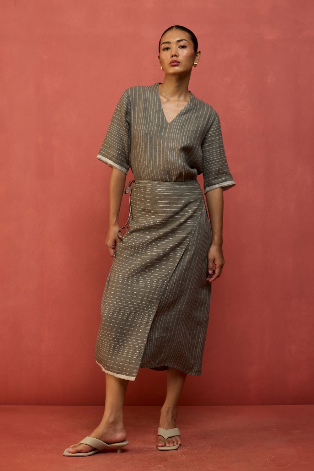 Karo Stripe Linen Wrap Dress - Grey