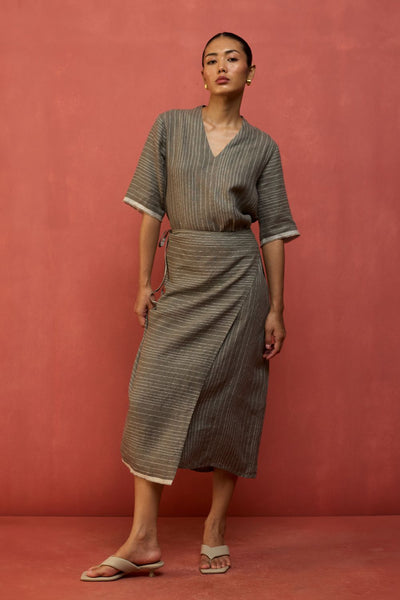 Karo Stripe Linen Wrap Dress - Grey