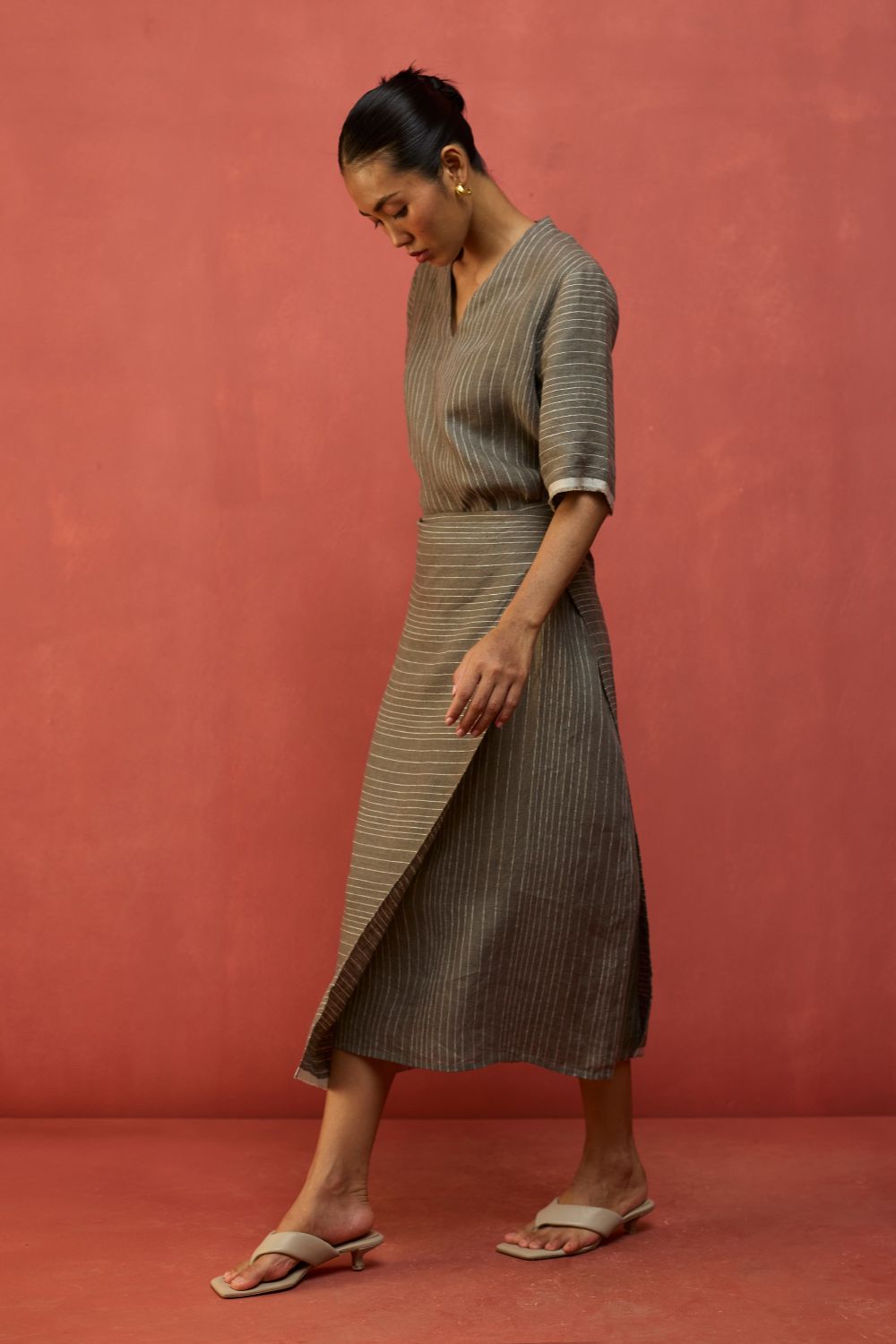 Karo Stripe Linen Wrap Dress - Grey