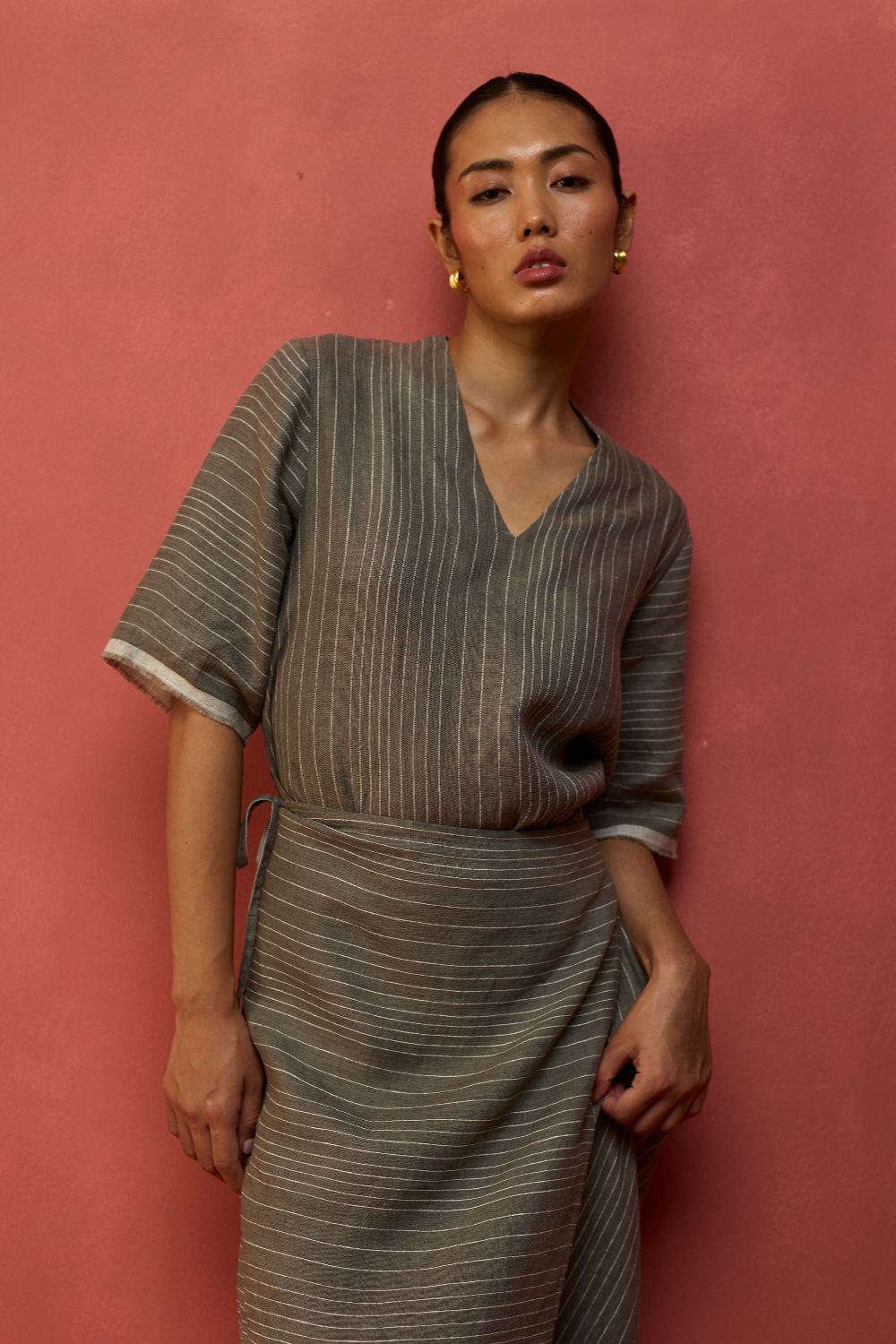 Karo Stripe Linen Wrap Dress - Grey