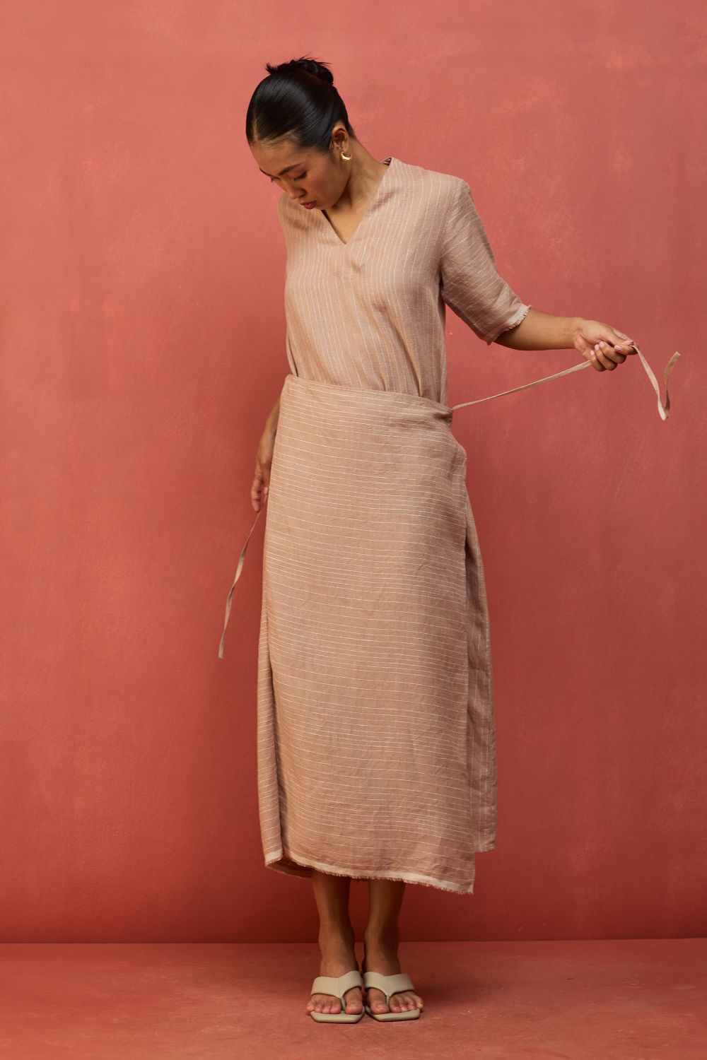 Karo Stripe Linen Wrap Dress - Dusty Rose