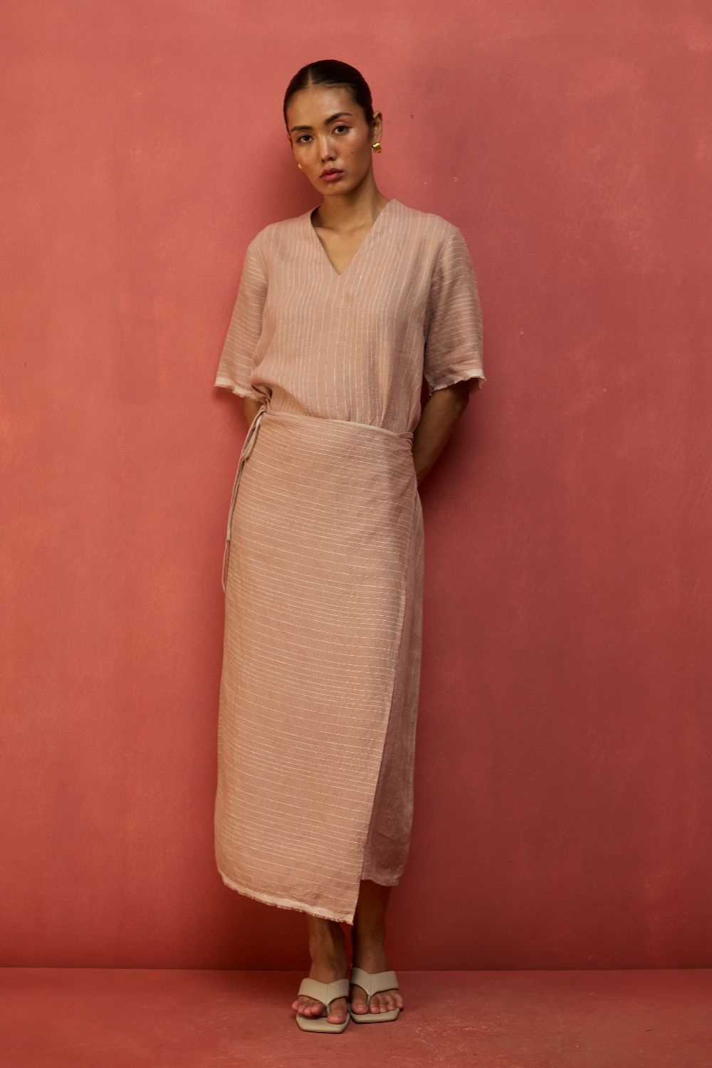 Karo Stripe Linen Wrap Dress - Dusty Rose