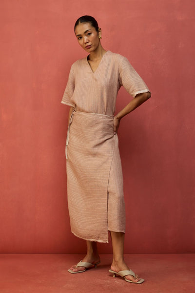 Karo Stripe Linen Wrap Dress - Dusty Rose