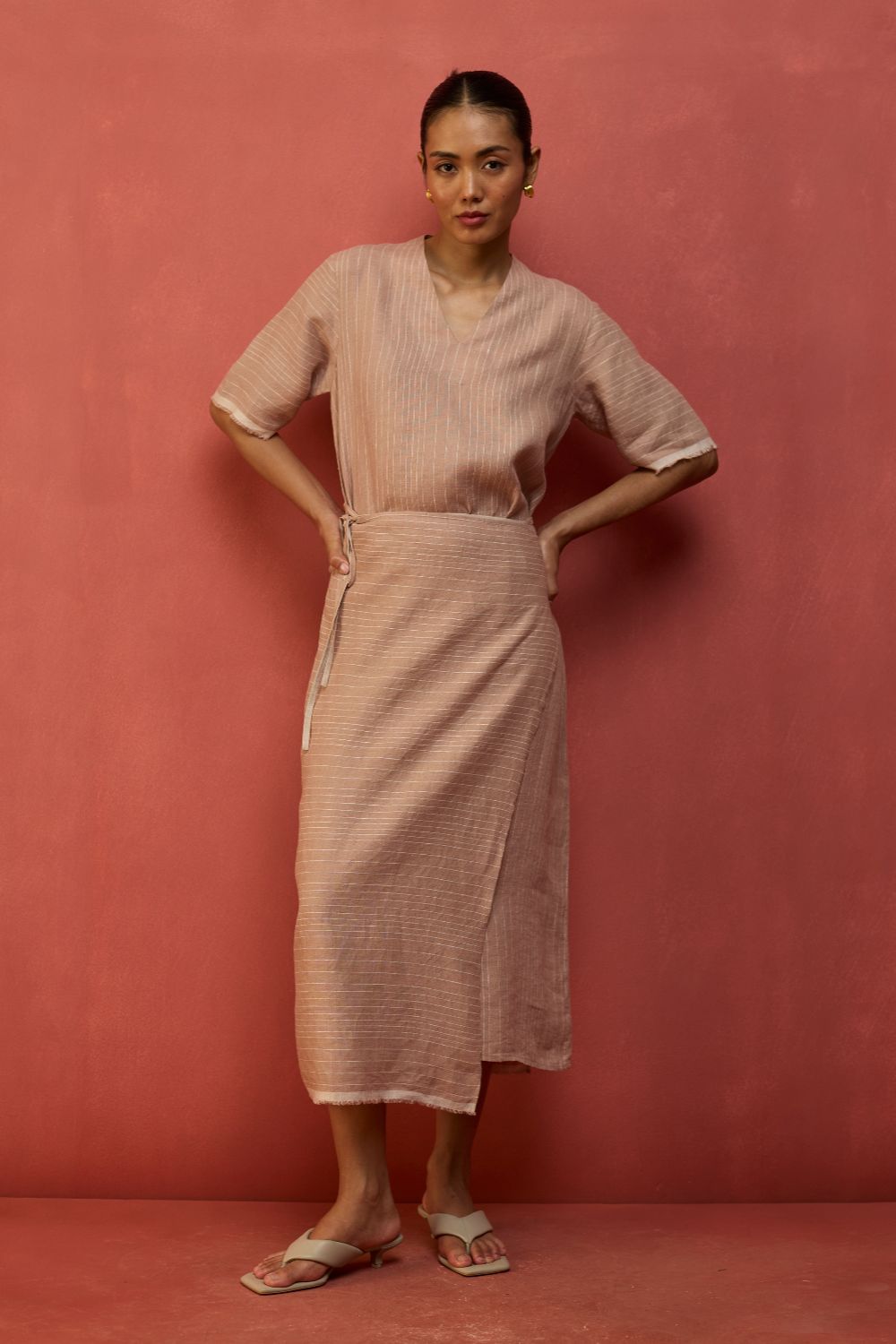 Karo Stripe Linen Wrap Dress - Dusty Rose