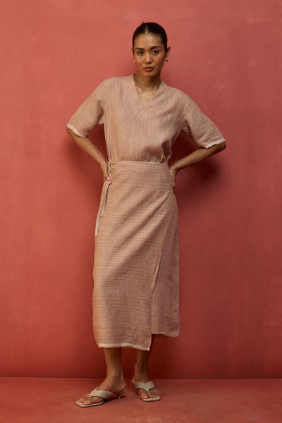 Karo Stripe Linen Wrap Dress - Dusty Rose