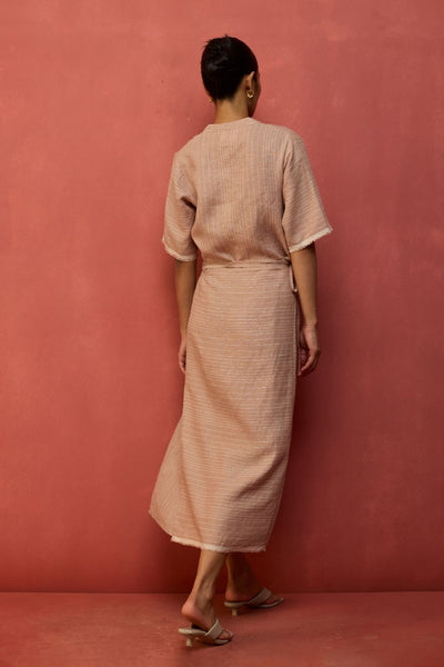 Karo Stripe Linen Wrap Dress - Dusty Rose