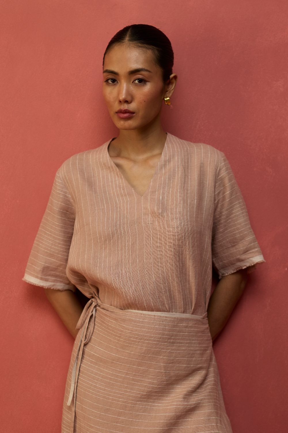 Karo Stripe Linen Wrap Dress - Dusty Rose