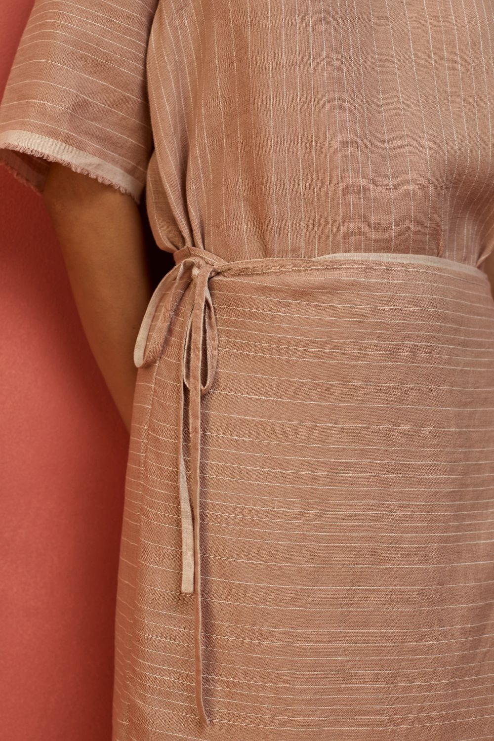 Karo Stripe Linen Wrap Dress - Dusty Rose